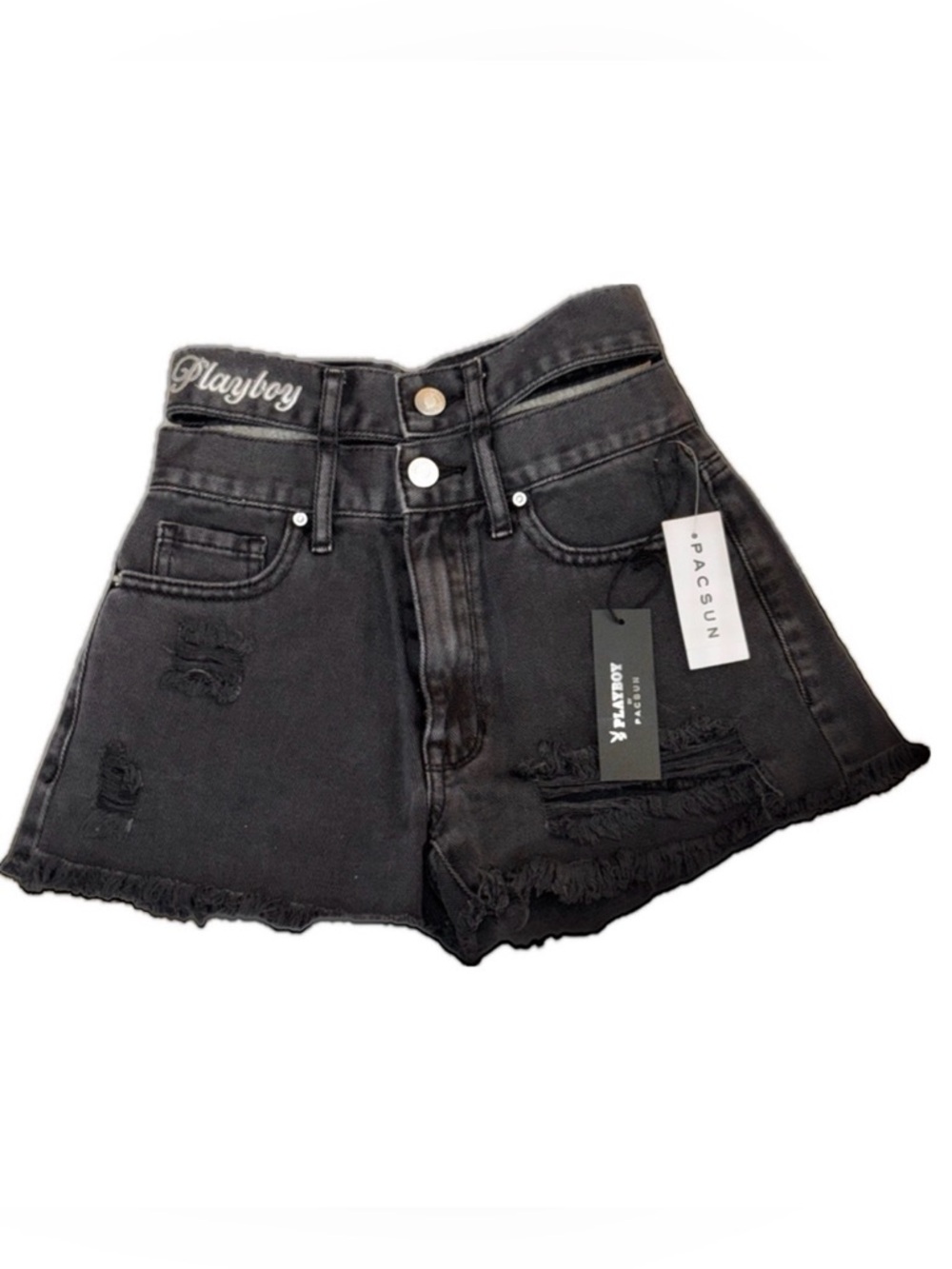 👖🐰 PLAYBOY x PACSUN *NWT* Black Distressed Denim Shorts Cut-Out Waist Y2K Sz 22